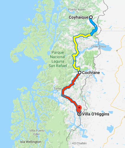 Southern part of Carretera Austral. The blue section is paved road, the yellow and red sections are gravel. My journey covers the blue and yellow parts.