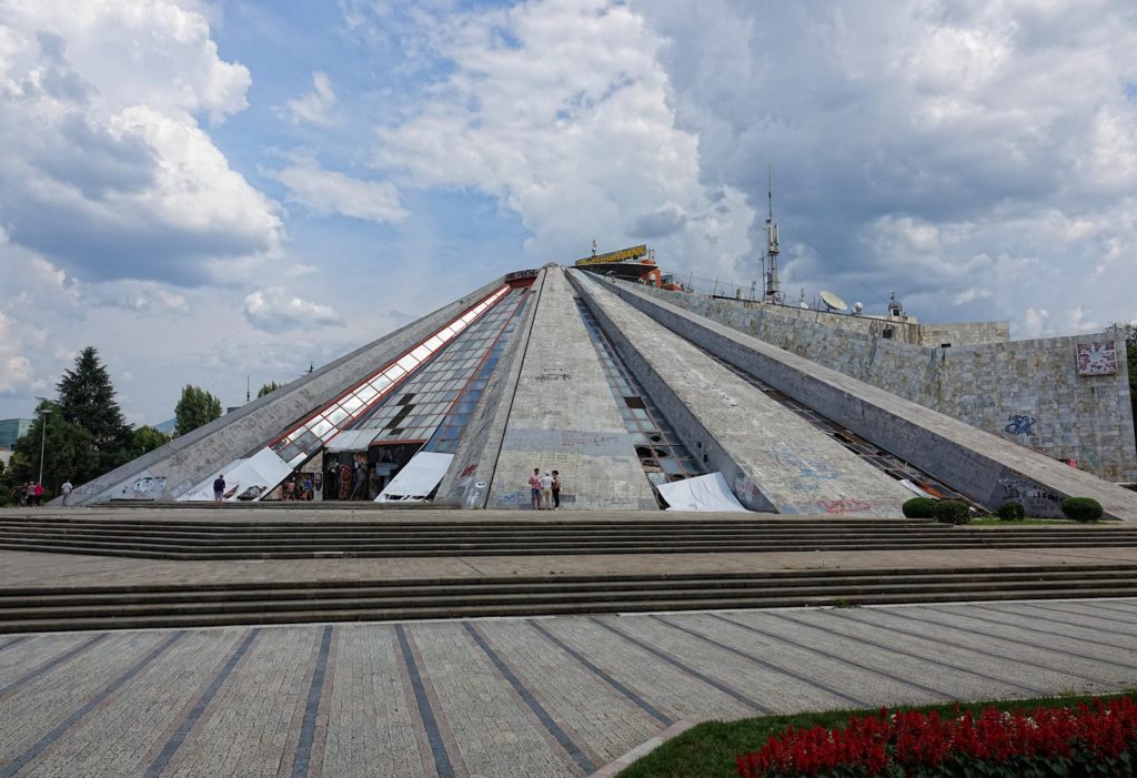 A frontal view of the Pyramid of Tirana.