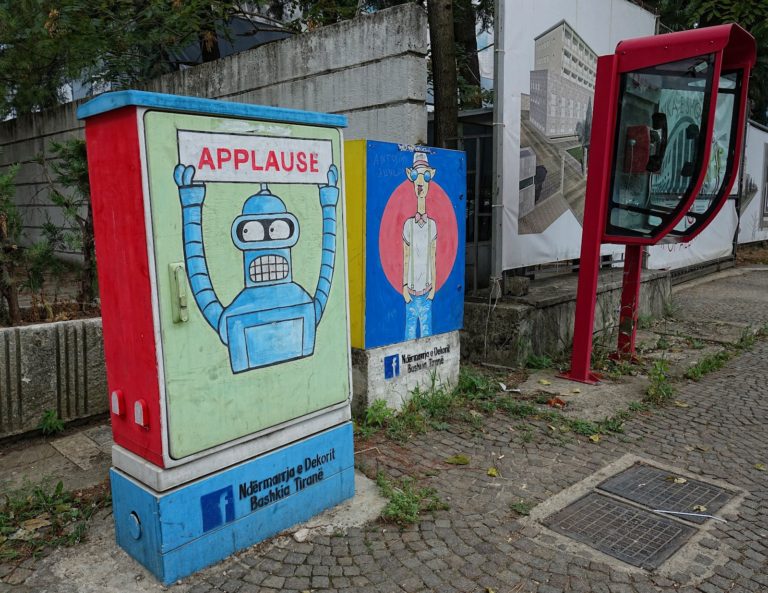 Graffiti on electrical boxes in Tirana, Albania.