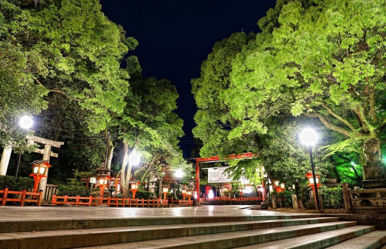 Eki shrine at night in Kyoto, Japan.