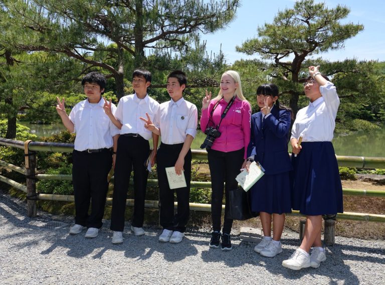 English students at Kinkaku-ji Golden Pagoda in Kyoto, Japan.