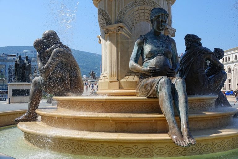 Pregnant metal cast statue in Skopje, Macedonia.