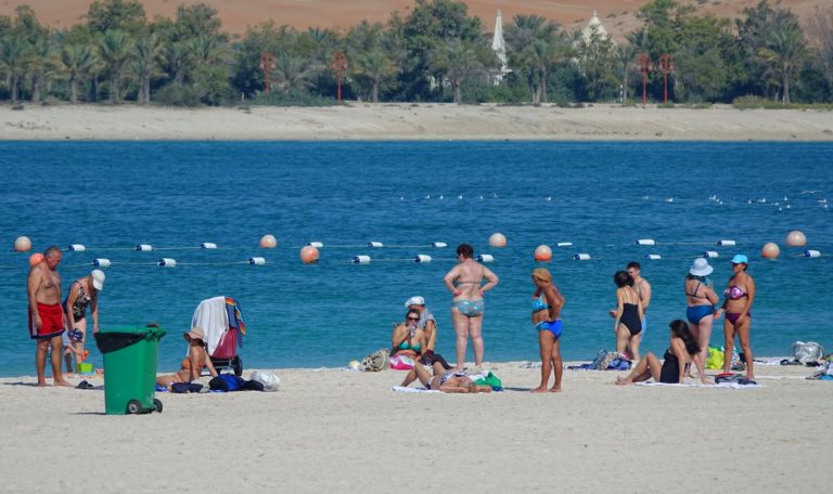 Russian tourists on a beach in Abu Dhabi.