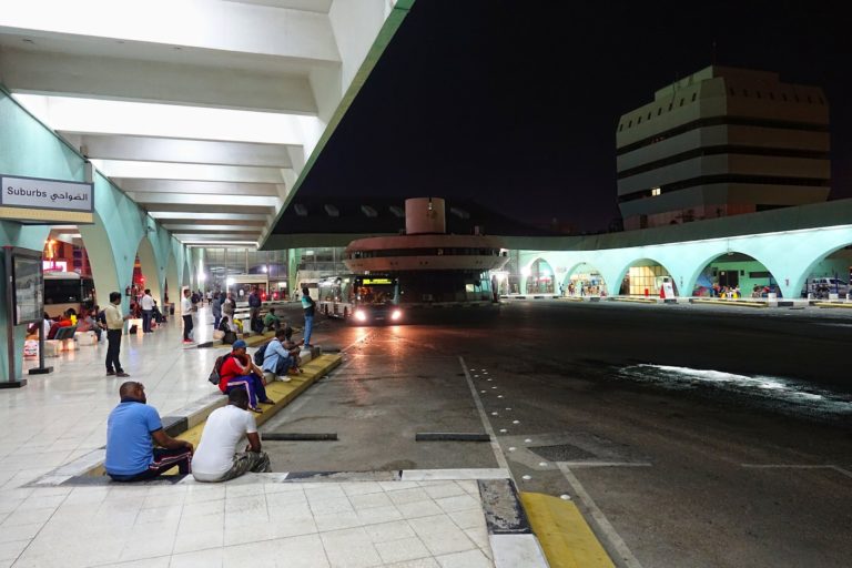 The Abu Dhabi Bus Terminal at night.