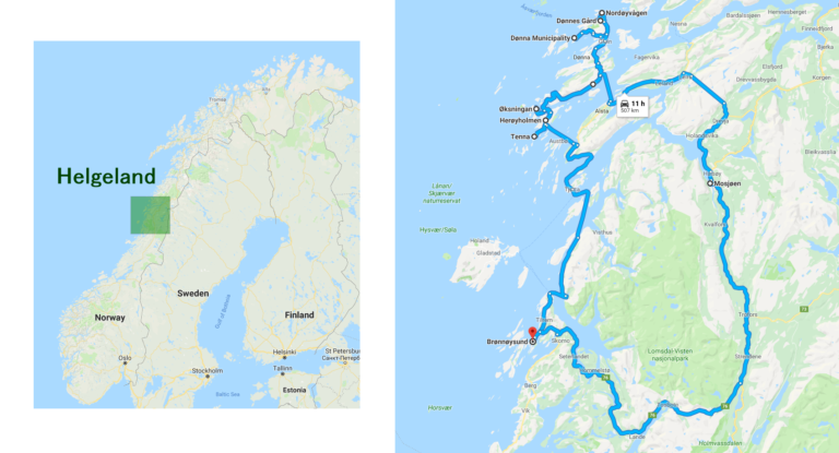 Roughly the route we followed on a short road trip, beginning and ending in Brønnøysund, Norway.