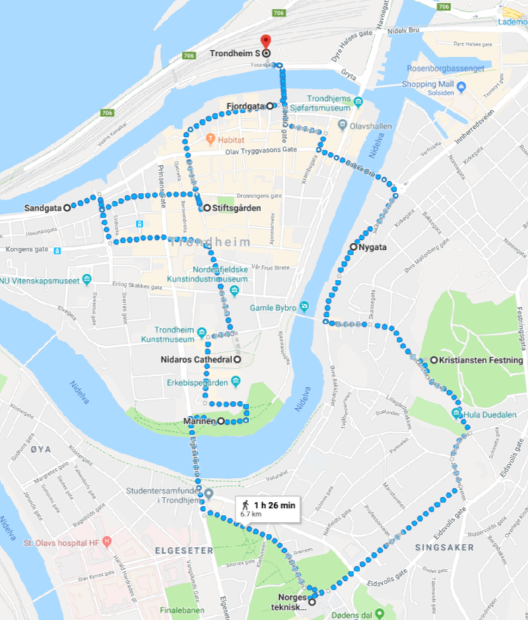 Suggested walking route through Trondheim, Norway.