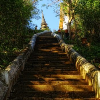 Stairs leading up to Wat Jom Phet north of Luang Prabang, Laos.
