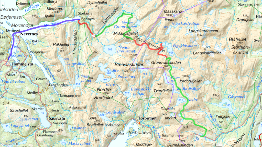 Map showing route for a four-day hike through Lomsdal-Visten National Park.