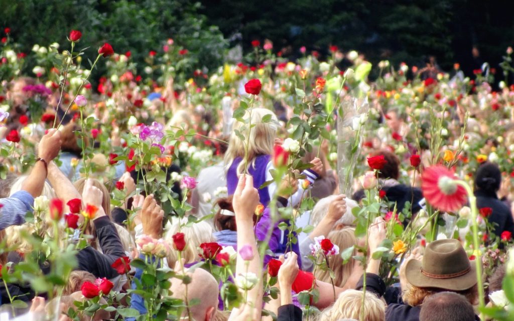 Photo of memorial service in Oslo, Norway, following the terrorist attack in July 2011.