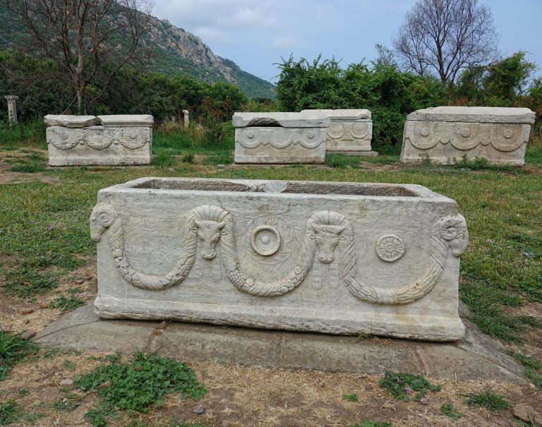 Photo of Roman stone coffins in Ephesus, Turkey.