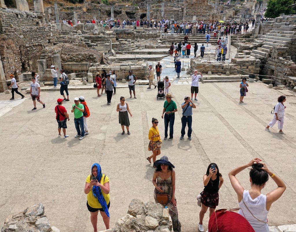 Photo of crowds in front of the Library of Celsus in Ephesus, Turkey.