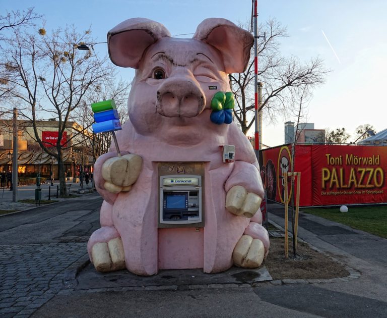 Photo of huge piggy bank ATM in Vienna, Austria.