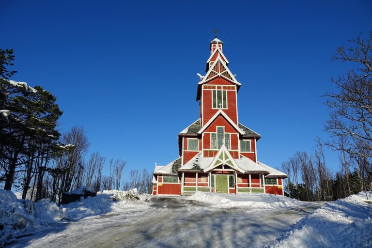 Photo of colorful Buksnes church in Leknes, Norway