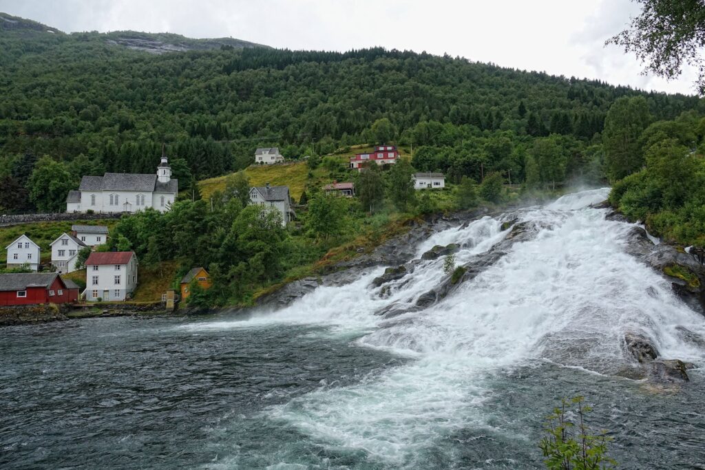 Photo of waterfall in Hellesylt, Norway.