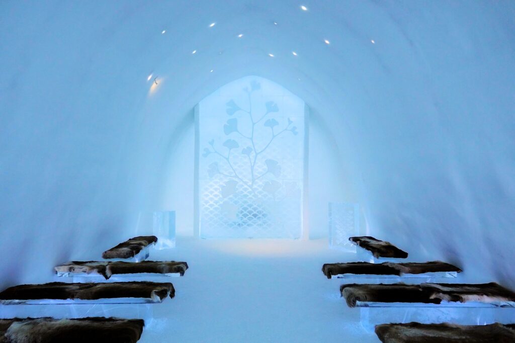 Photo of the Ginkgo Ceremonial Hall at the Icehotel in Jukkasjärvi, Sweden.
