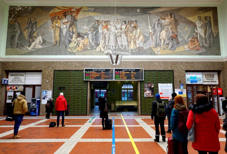 Photo of Eastern Bloc mural at the train station in Bratislava, Slovakia.