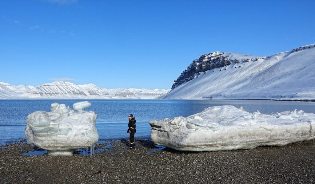 Photo of guide checking for polar bears behind the icebergs on the beach at Fredheim, Svalbard.