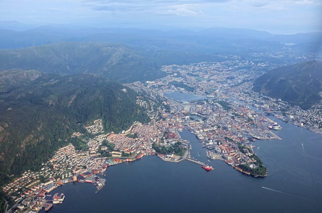 Aerial view of Bergen, Norway, from the west.