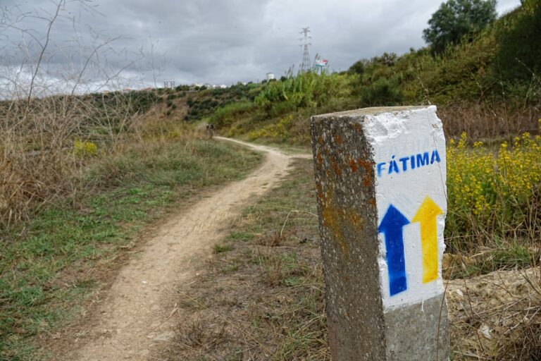 Photo of trail sign in Portugal, showing the way to both Fatima and Santiago de Compostela.