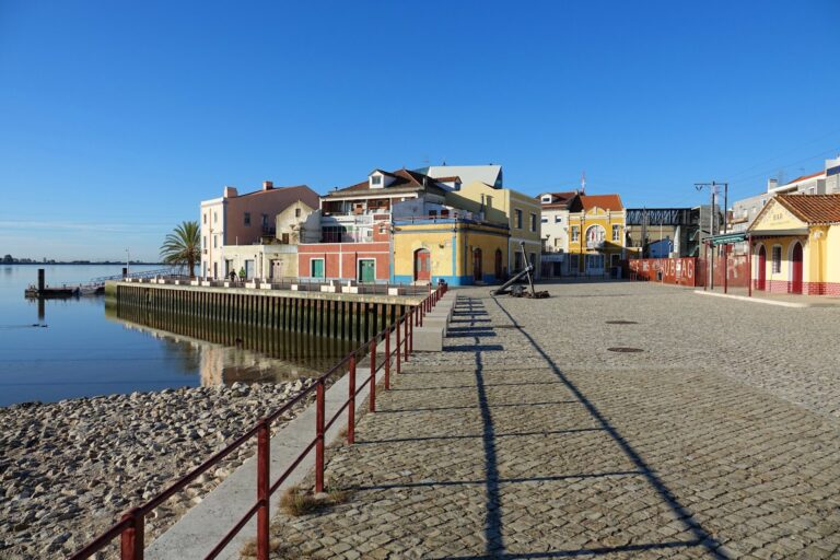 Photo of waterfront buildings in Vila Franca de Xira, Portugal.