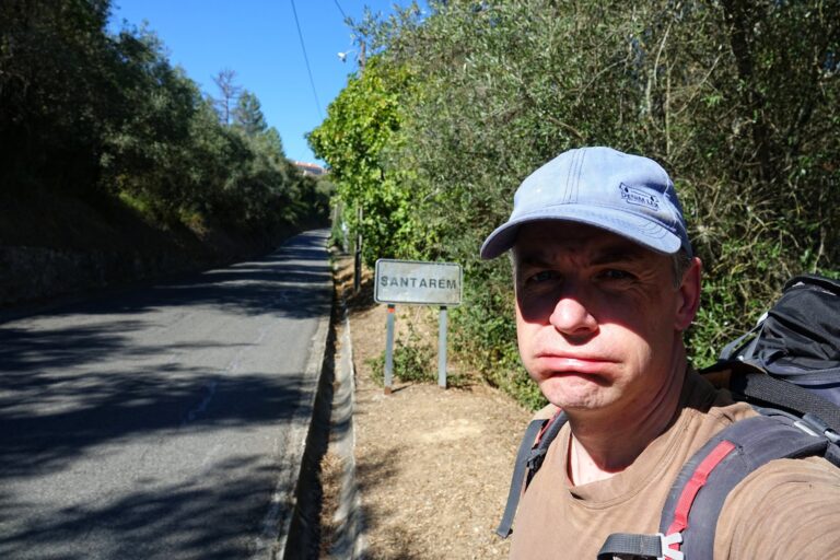 Photo of Bjørn being tired while walking up the hill to Santarem, Portugal.