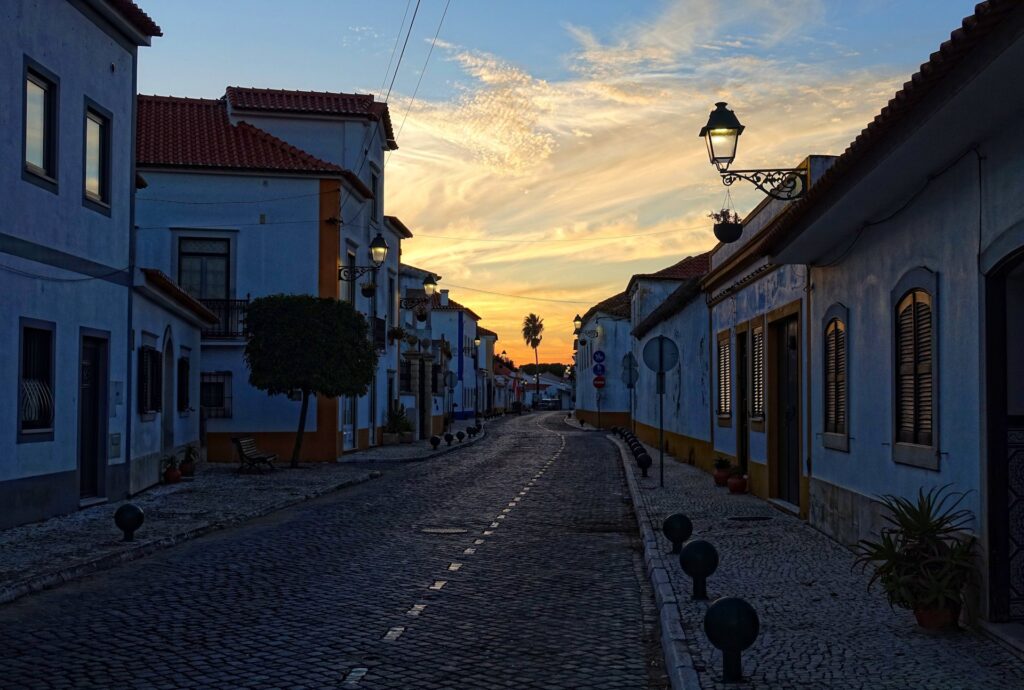 Photo of street in Golegá, Portugal, at sunset.