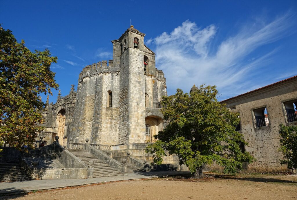 Photo of the main church and tower at the Convent of Christ in Tomar, Portugal.