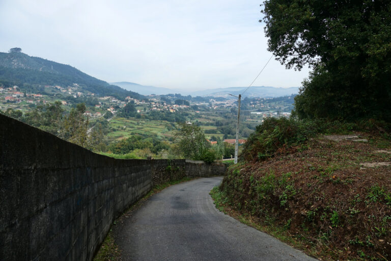 Photo of a steep part of the Camino de Santiago, leading down to Redondela, Spain.