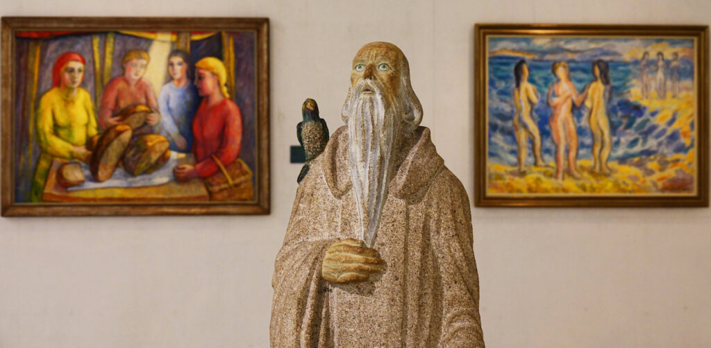 Photo of a sculpture of San Ero de Armenteira in a museum in Pontevedra, Spain.