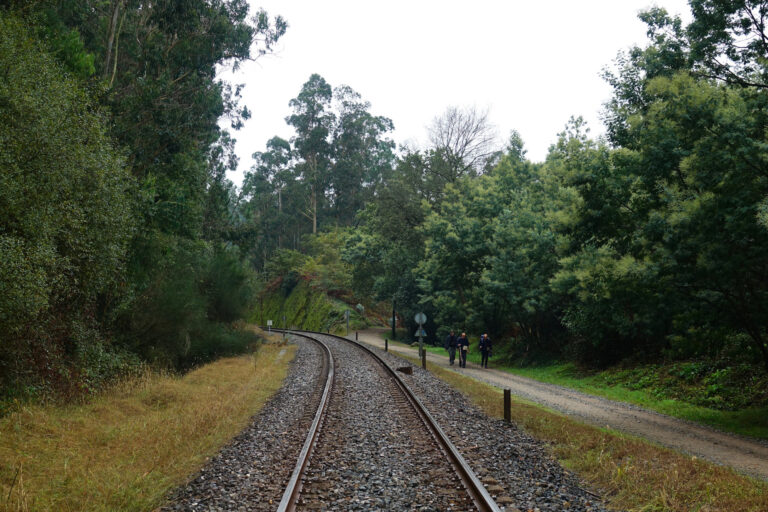 Photo of pilgrims walking next to railway tracks on the Camino de Santiago in Galicia, Spain.