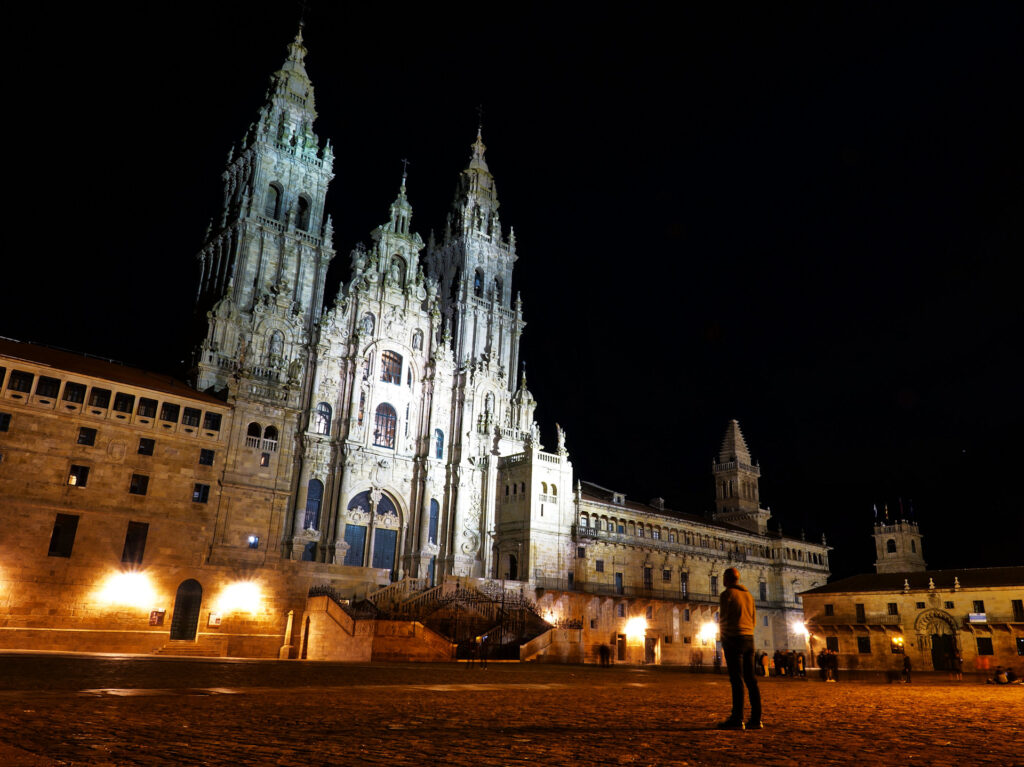 Photo of cathedral in Santiago de Compostela at night.