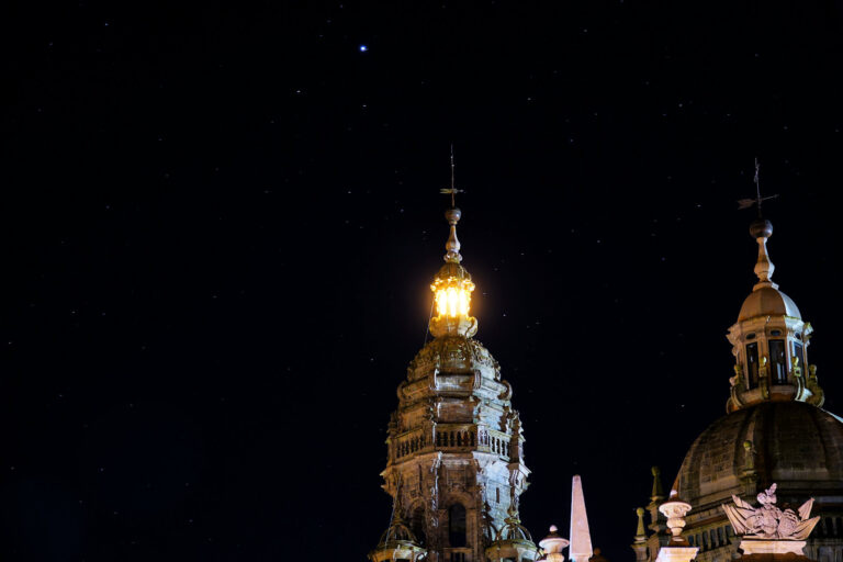 Photo of the beacon light at the top of the clock tower in Santiago de Compostela. The light is only lit during Holy Years.