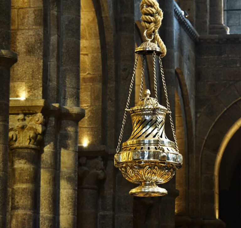 Photo of the Botafumeiro, a container for incense that sometimes is sent flying through the cathedral to cleanse the air for the pilgrims.