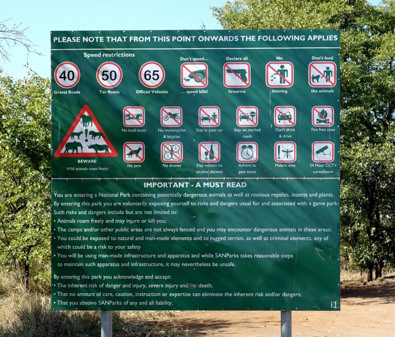 Photo of the rules of the Kruger National Park, South Africa.