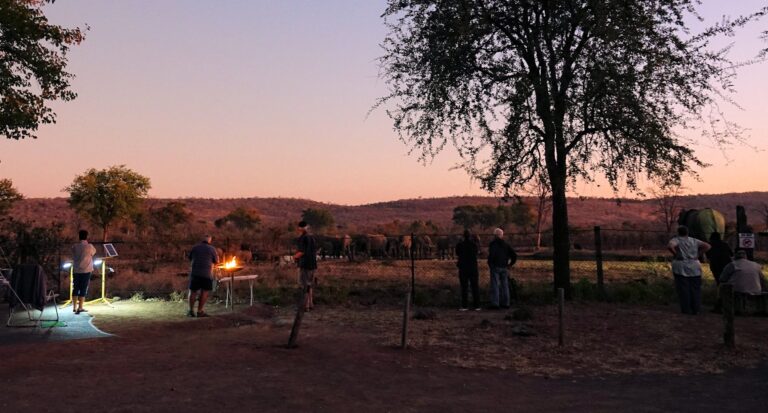 Photo of people camping in Punda rest camp and having an evening barbeque/braai next to elephants.