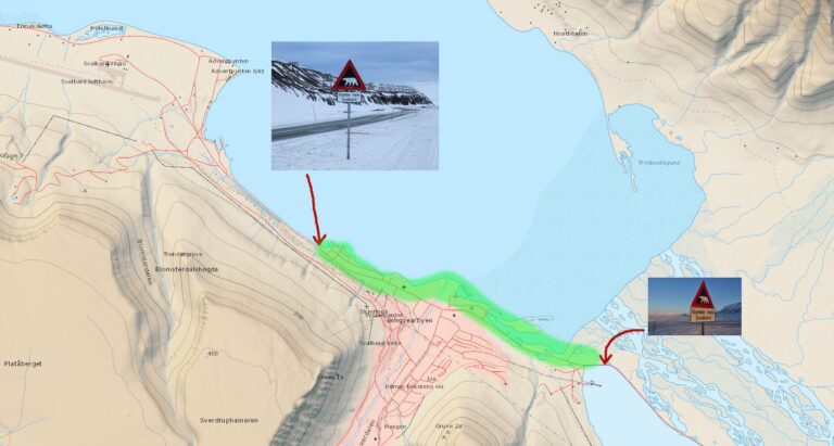 Map of safe area along the sea in Longyearbyen, Norway